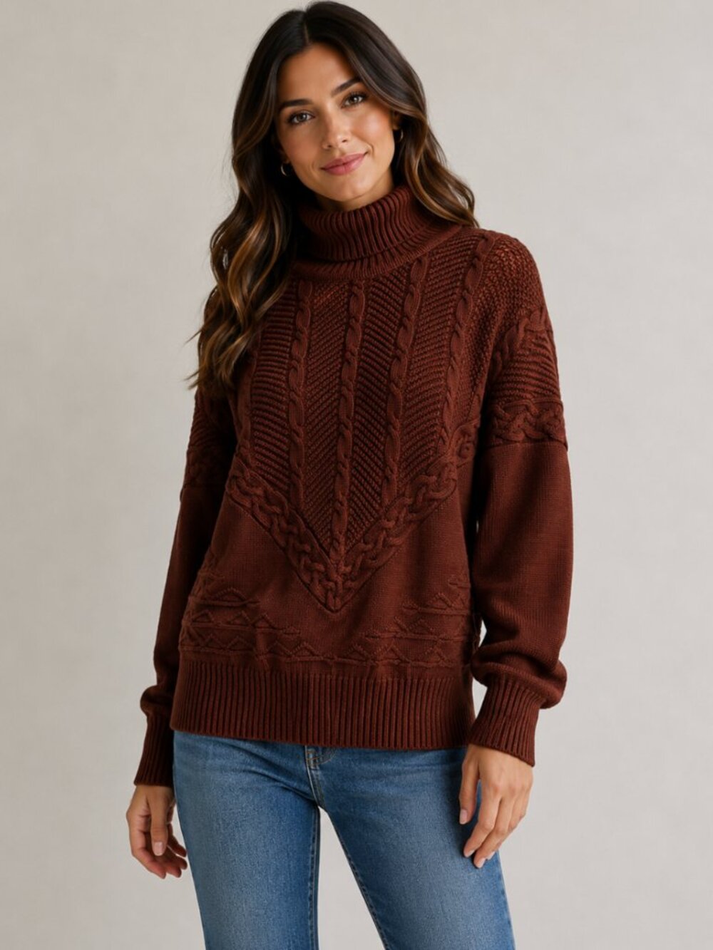 Bogner Turtleneck Sweater Cable Knit Wool Blend Stretch Rust Red Women's Medium